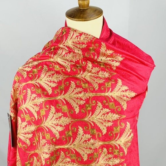 Women Lady Wrap Shawl Scarf Throw Gold Embroidered Flowers Work 28x83 India - Picture 3 of 3